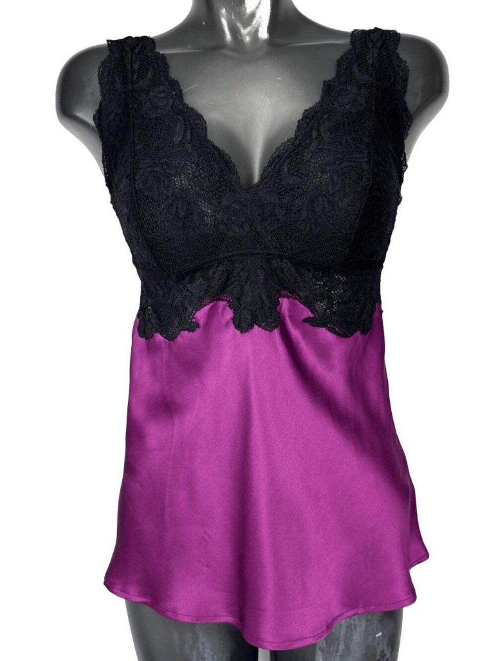 NK IMODE 100% Silk Lace Trim Whimsigoth V-Neck Black Purple Chemise Camisole M